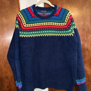 Brooks Brothers Navy Multicolor 100% Lambs Wool Crewneck Sweater